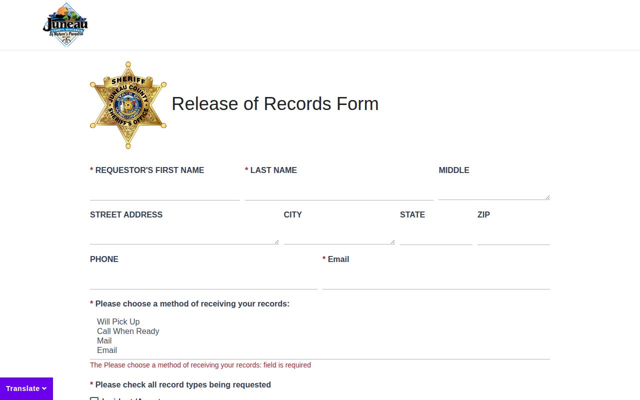 Juneau County booking record request form